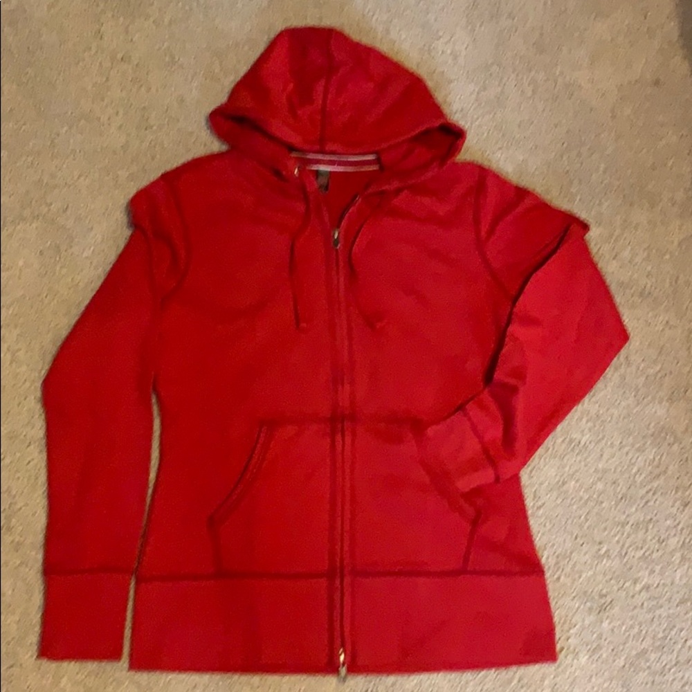 Red full zip hooded sweatshirt